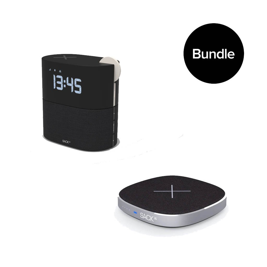 SACKit - WAKEit Clock Radio Pearl + CHARGEit Care power bank & wireless charger