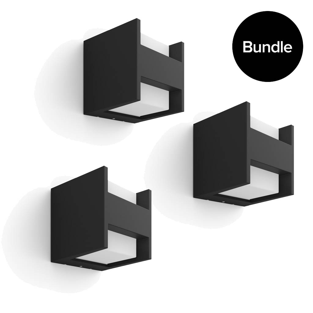 Philips Hue - 3x Fuzo Wall Lantern Black Outdoor - Warm White - Bundle