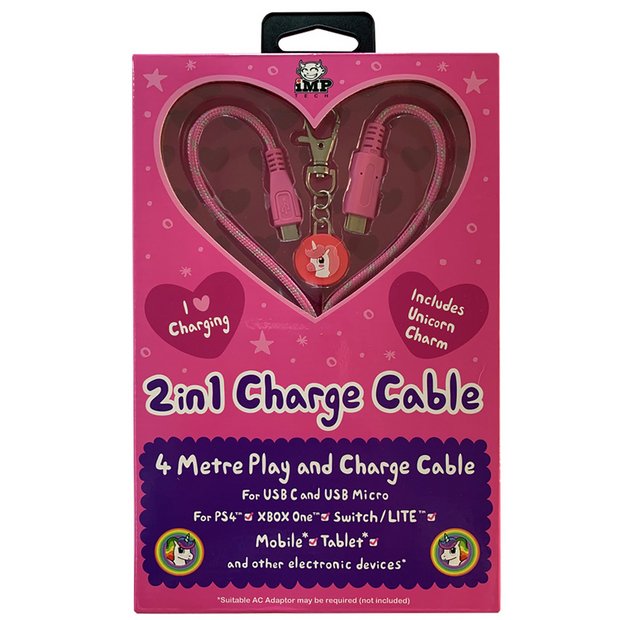 2in1 4m Pink Charge Cable with Unicorn Charm Pink